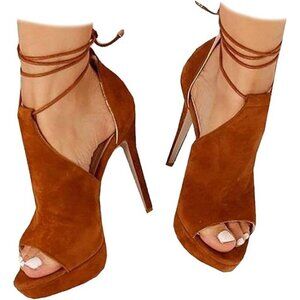 Womens Khaki Peep Toe Platform Stiletto Heels Lace-Up Strappy Dress Sandals